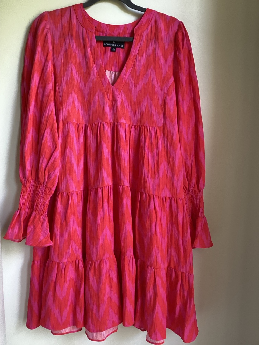 Donna Morgan Pink Chevron Tiered Long-Sleeve Dress
